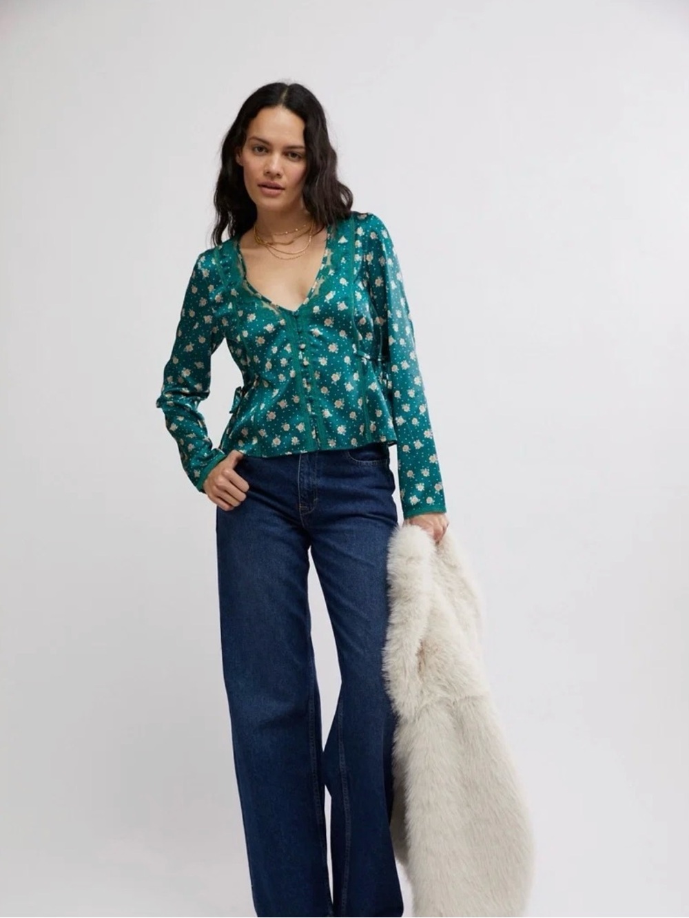 Free People Field Of Roses Button-Front Long Sleeve FloralSatin Teal Blouse NWOT - Picture 5 of 10